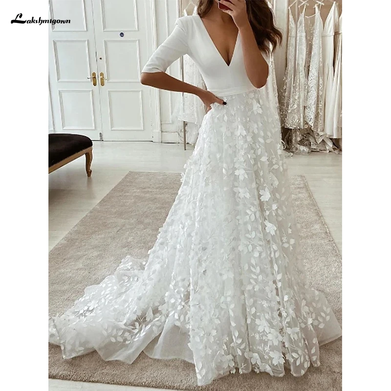 

A-Line Wedding Dresses Plunging Neck Sweep Train Tulle Polyester Half Sleeve Country Plus Size with Embroidery Appliques