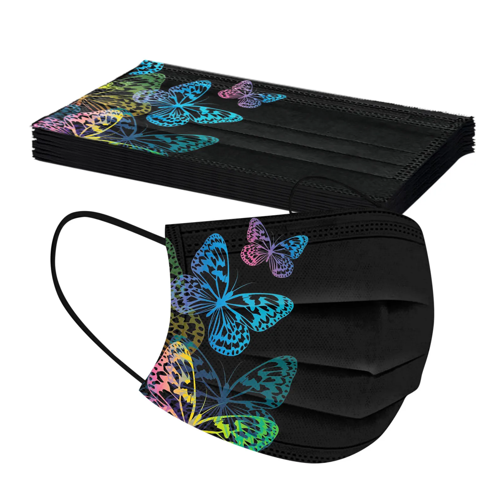 

10-100pcs Disposable Mask Butterfly Printing Multicolor 3-layer Non-woven Filter Dustproof Breathable Ear-mounted Adult Mask