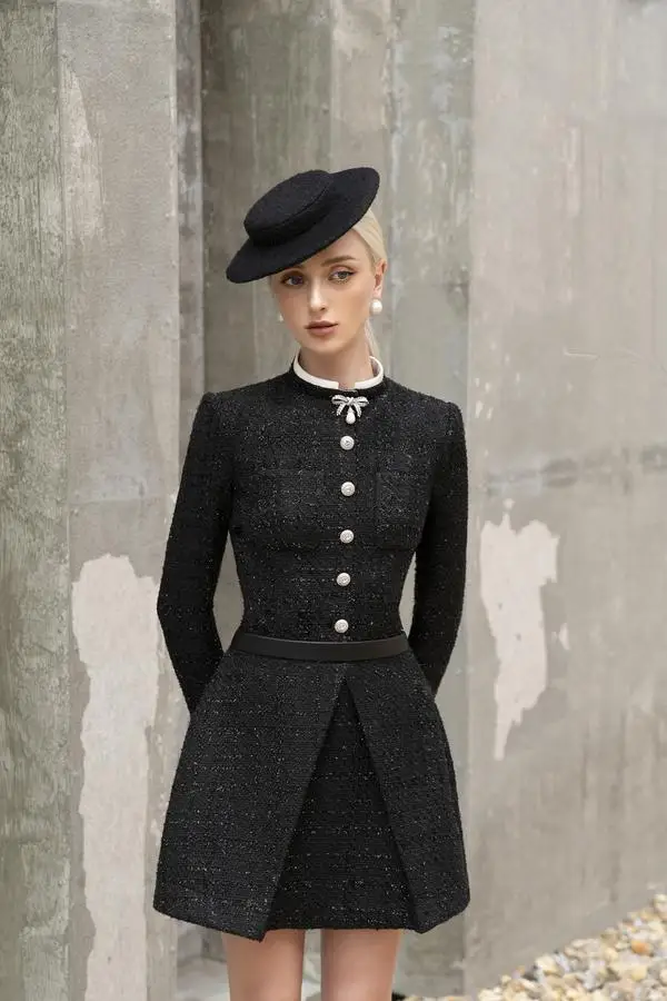 tailor shop little black fall winter dress female light luxury Semi-Formal Dresses princess black tweed dress plus size