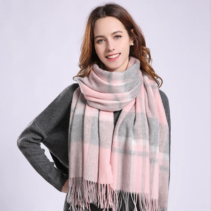 Зимний шерстяной шарф в клетку теплые женские шали уплотненные из пашмины эшарп
