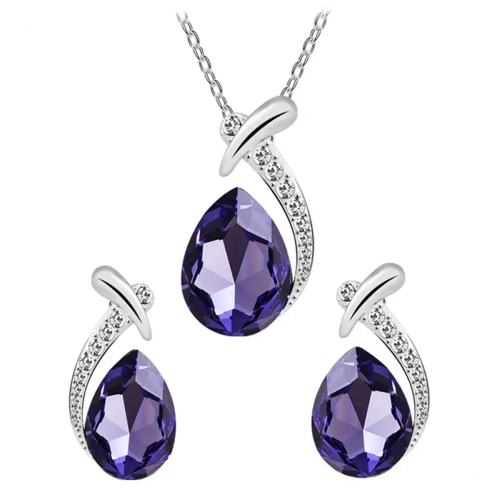 

Lady Faux Crystal Water Drop Pendant Chain Necklace Earrings Wedding Jewelry Set