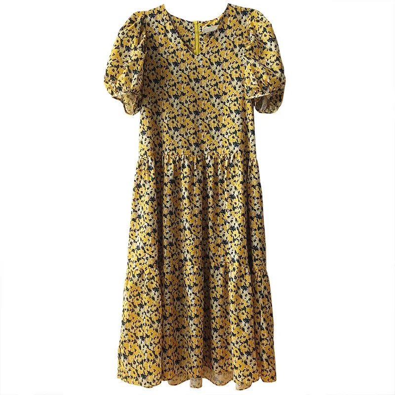 

Vintage V Neck Yellow Floral Loose Dress Women 2020 Summer Casual Flower Print Puff Sleeve High Waist Big Swing Ladies Dresses