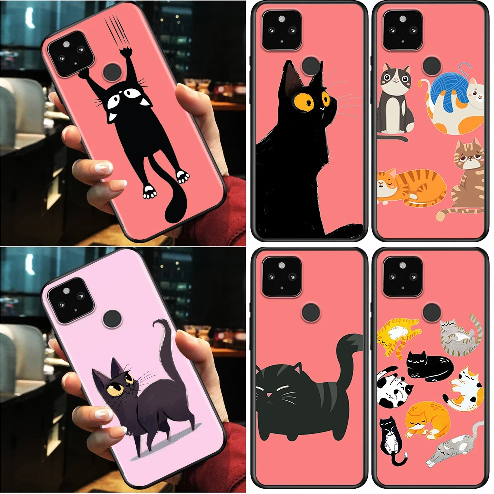 

Funny Cartoon Cute Black Cat Shockproof Cover for Google Pixel 5 4 5A 4A XL 5G Black Phone Case Shell Soft Fundas Capa
