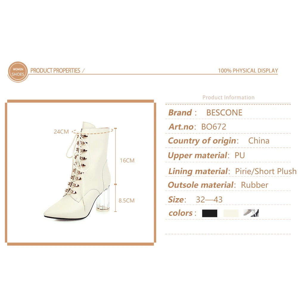 

BESCONE Stylish Ankle Boots High Quality Sexy Pointed Toe Lace-up Decoration Zipper Boots Unique Heel Winter Women's Shoes BO672