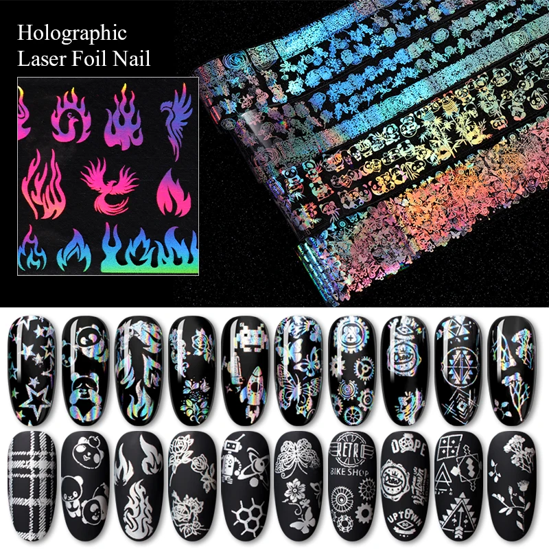 

1 Roll Holographic Laser Nails Transfer Foil Stickers Flame Flower Mix Pattern Manicure DIY Nail Art Decorations Decals DIY