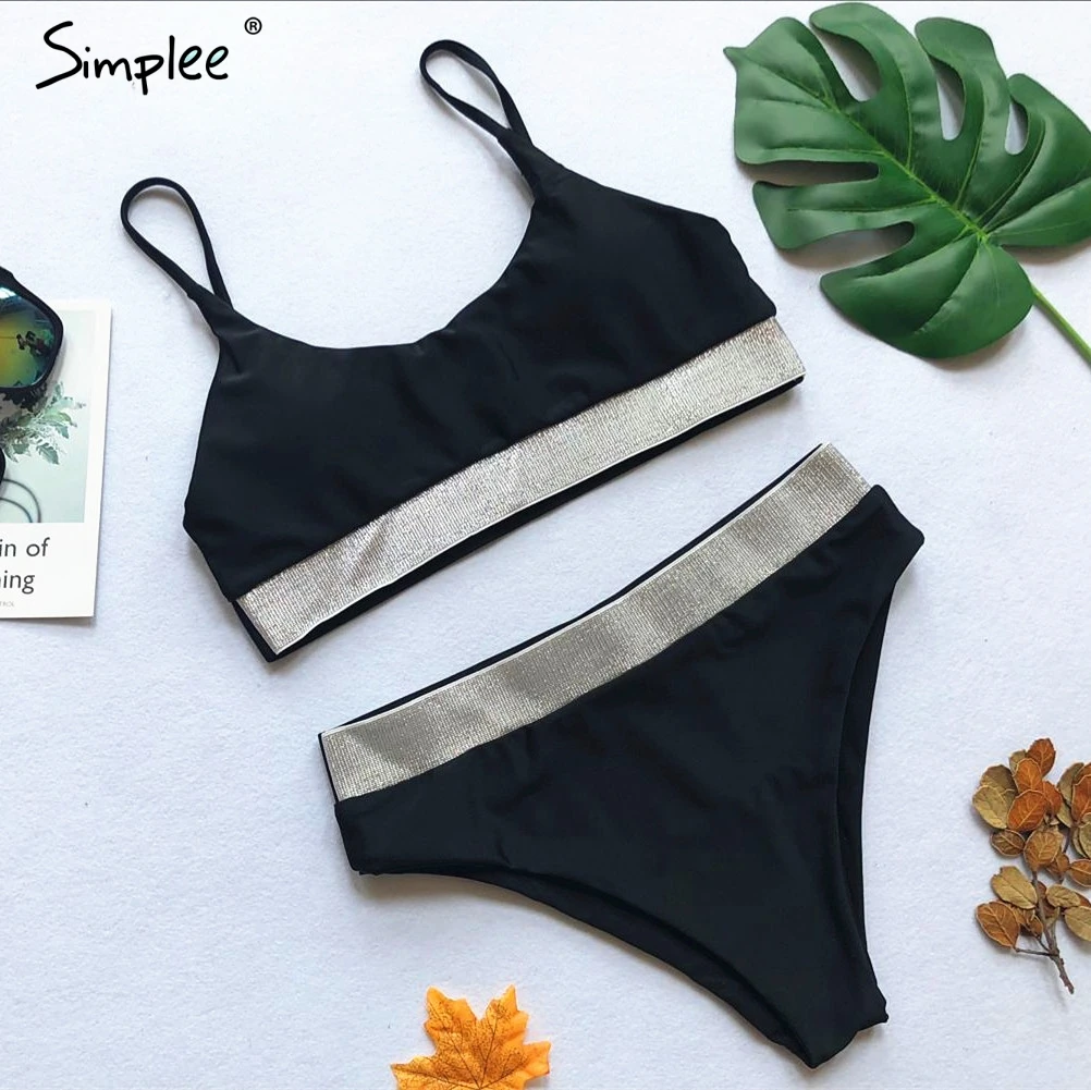 Simplee блестящие стринги Женский комплект бикини купальный костюм с пуш ап высокая