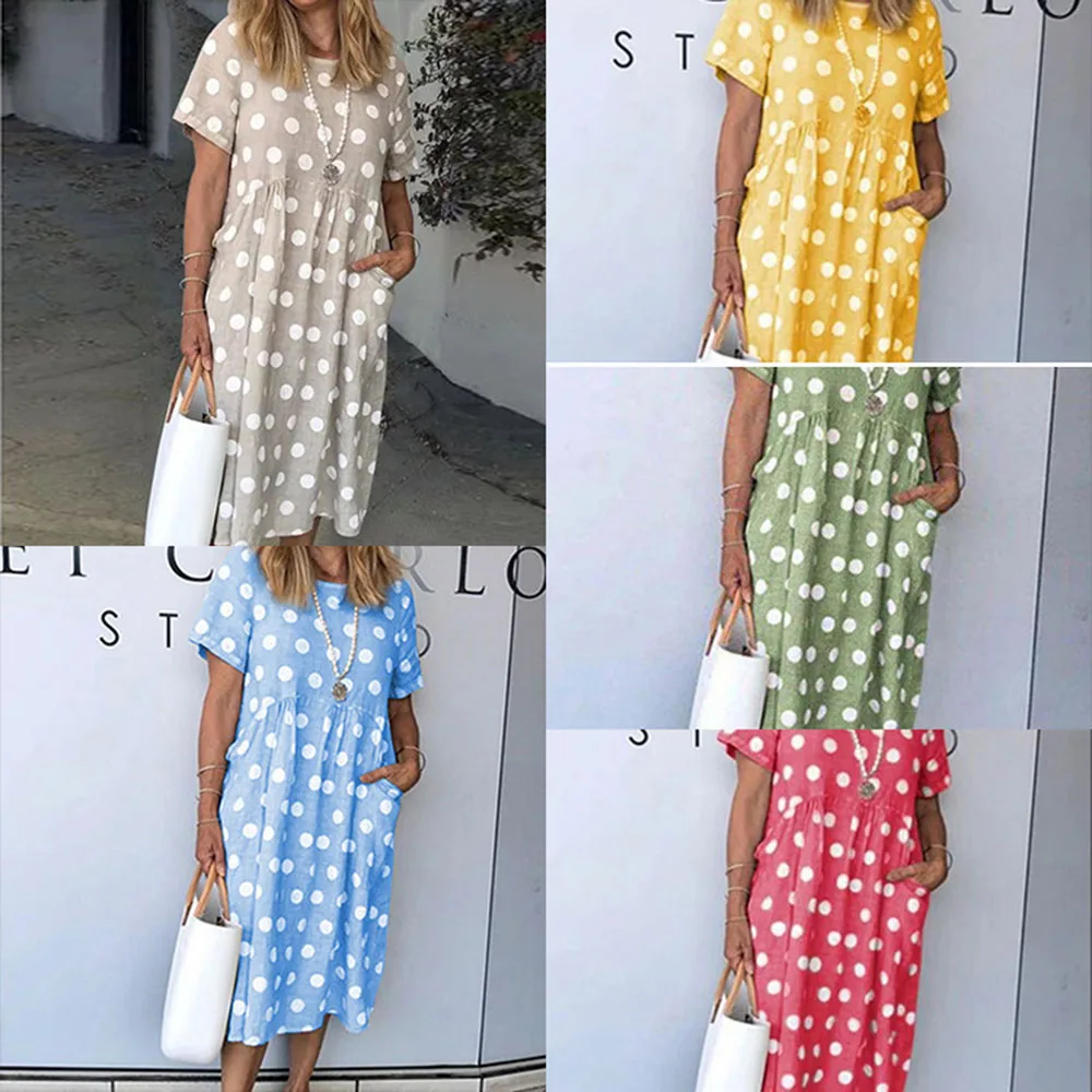 

Dresses For Women's Summer Fashion Print Polka Dot O Neck Casual Loose Pocket Short Sleeve Plus Size Woman Dress 2021 Robe Femme