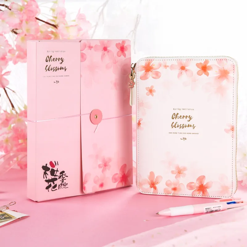 A5 Size Cherry Blossom Zipper  Bag Notebook  Cute Notepad , Hand Account Book With Pen Set, Gift Box