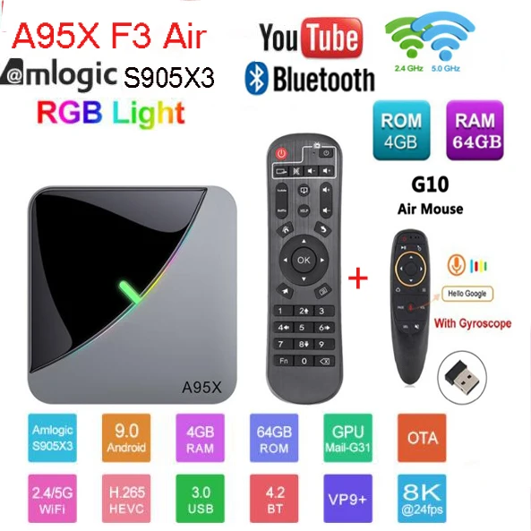 4G 64G G10 Android 9,0 RGB светильник Smart tv Box Amlogic S905X3 USB3.0 1080P H.265 4K 60fps Wifi Google Play Netflix Youtube A95X F3 Air 8K - Цвет: 4G 64G G10