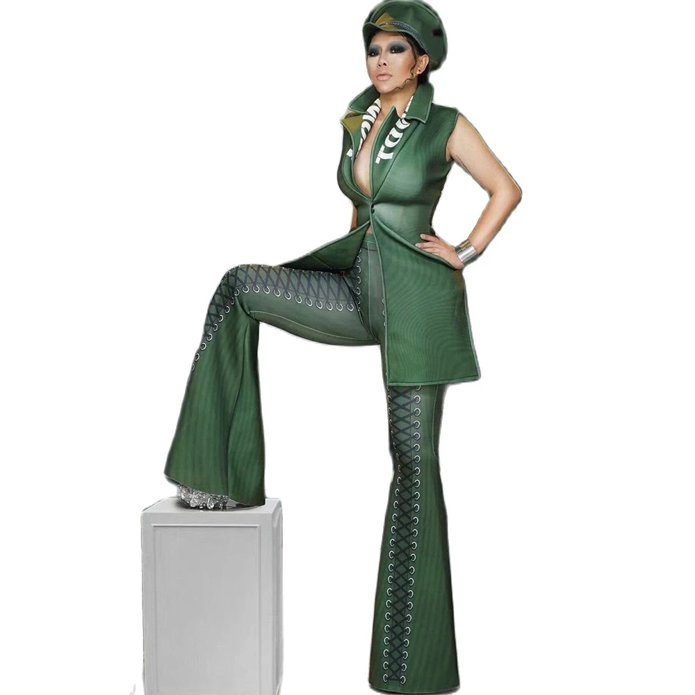 

Flared Pants Sleeveless V-Neck Vest Tops Punk Style Women Jazz Dance Costumes Military Rompers Hip Hop Singer Stage Outfit