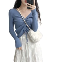 v neck drawstring long sleeve sweater womens crop top women computer knitted pullovers