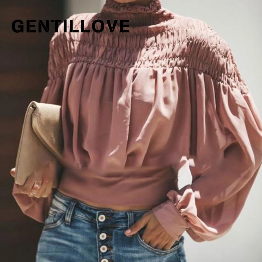 

Gentillove Women Vintage Pleated Chiffon Blouse Causal Spring Lantern Sleeve Back Tie Up Bow Designer Shirt Sexy Cropped Tops