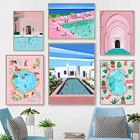 Скандинавский розовый постер для берега, летняя вечеривечерние в бассейне, Пляжное плавание, абстрактная настенная Печать на холсте, декоративные картины для гостиной