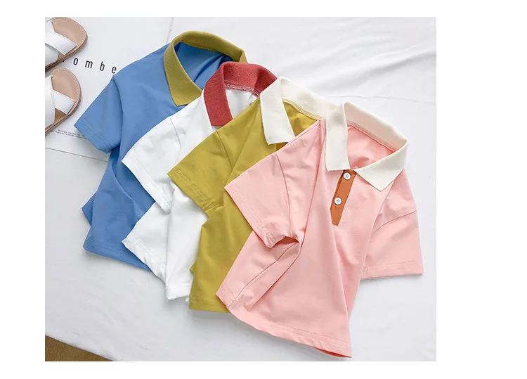 Baby boys cotton turn-down collar short sleeve T shirts Summer fashion contrast color pullovers |