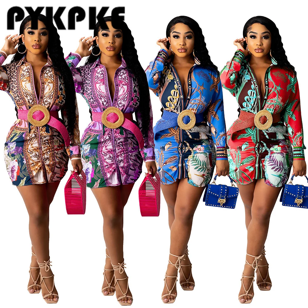

(No belt) Women Mini Dress Print Button Up Turn Down Collar Long Sleeve Pleated Shirt Dresses Casual Autumn Vestidos