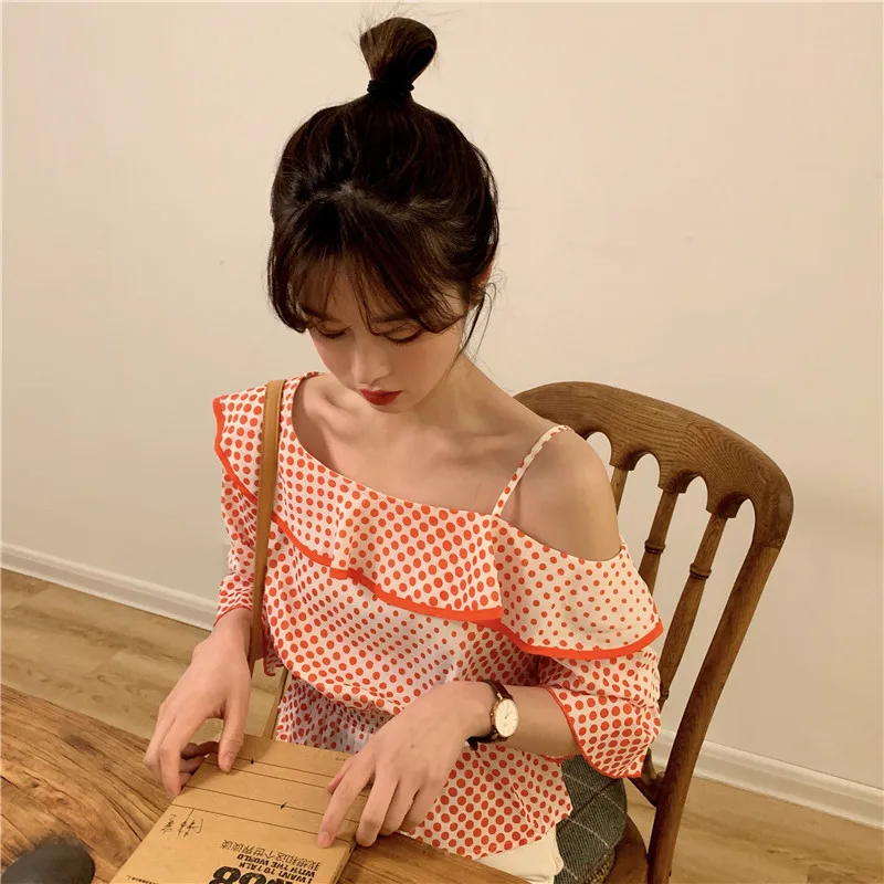 

Summer Off Shoulder Ruffles Shirts Sweet Style Polka Dot Flare Sleeve Blusas Mujer De Moda Fashion Ladies Tops Korean New