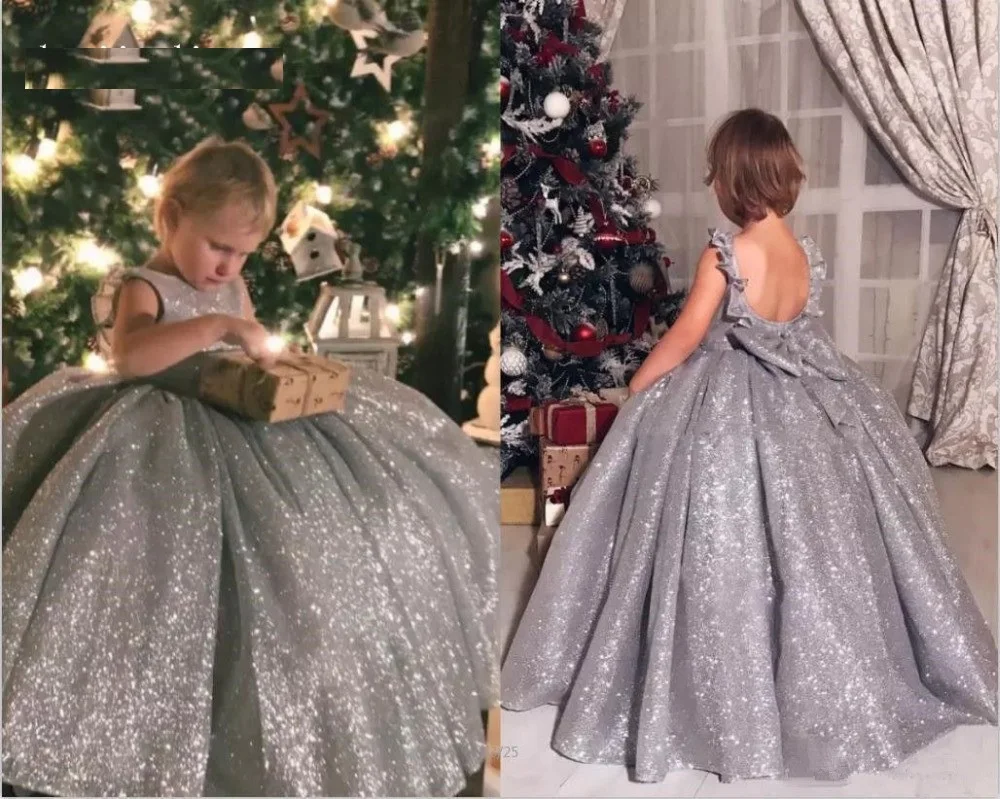 Пышное детское Серебряное Вечернее платье с пайетками платья принцессы