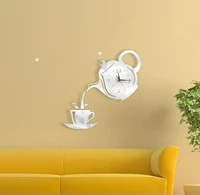 creative 3d acrylic mirror coffee teapot wall clock sticker decor wall clocks room fashion home ornament