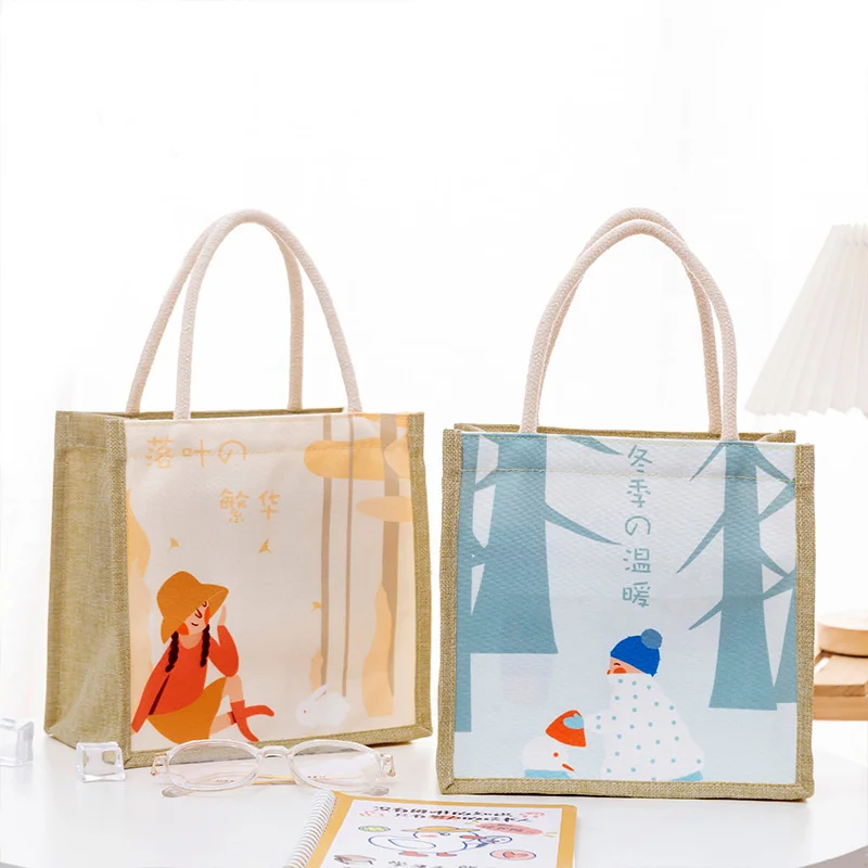 

Retro imitation hemp student bag, cartoon canvas bag, summer storage, plastic packaging, small packaging