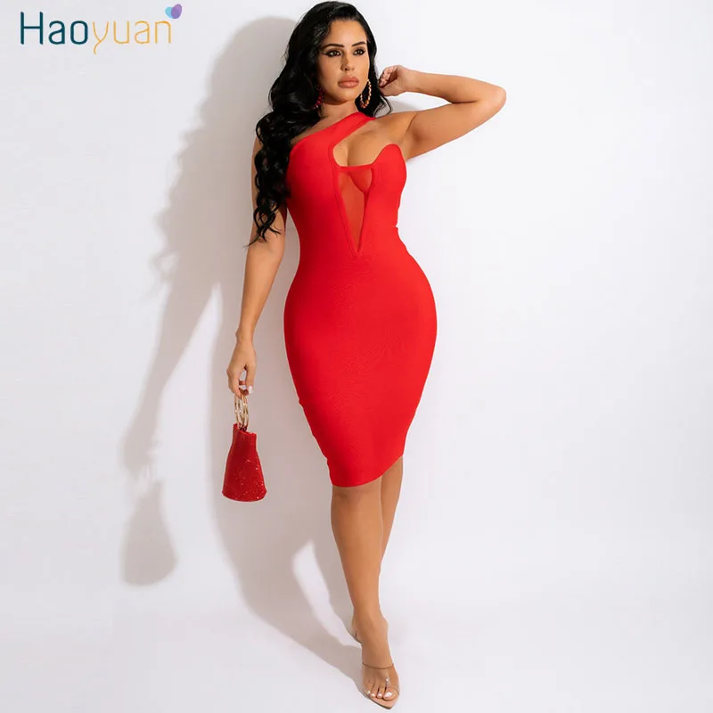 

HAOYUAN Sexy Fashion One Shoulder Bodycon Party Dress Birthday Night Club Outfits for Women Mesh Sheer Splicing Mini Dresses