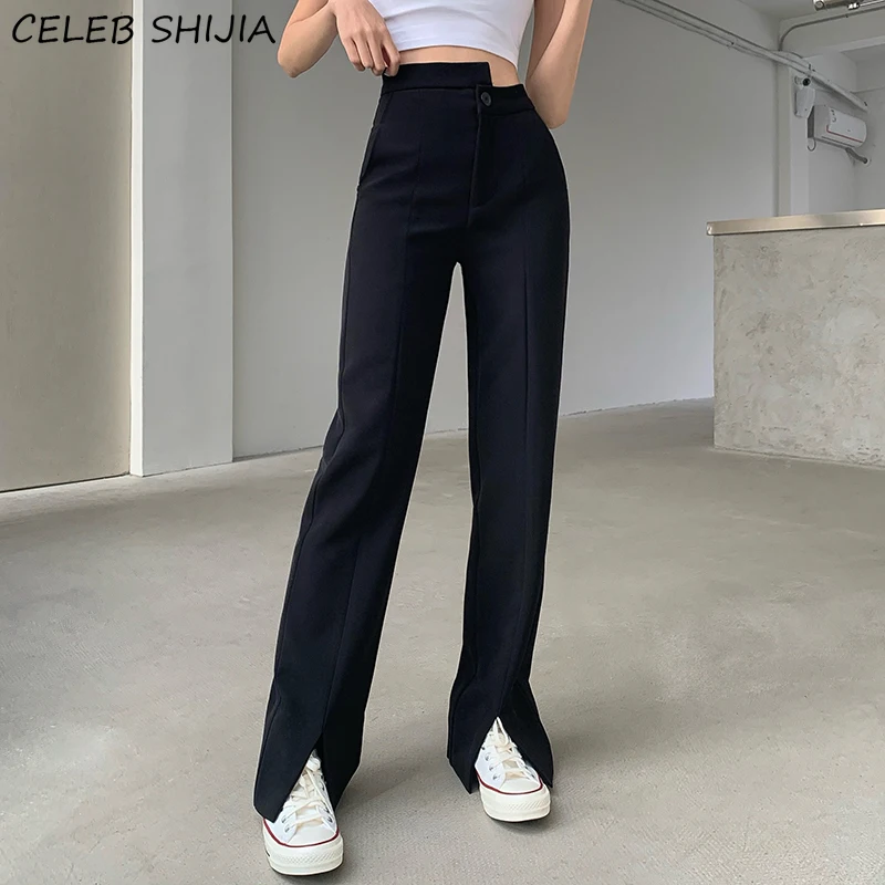 

Шикарный костюм со штанами женские Нерегулярные с высокой талией черные однотонные брюки-клеш для деловых женщин уличная летняя Разделени...