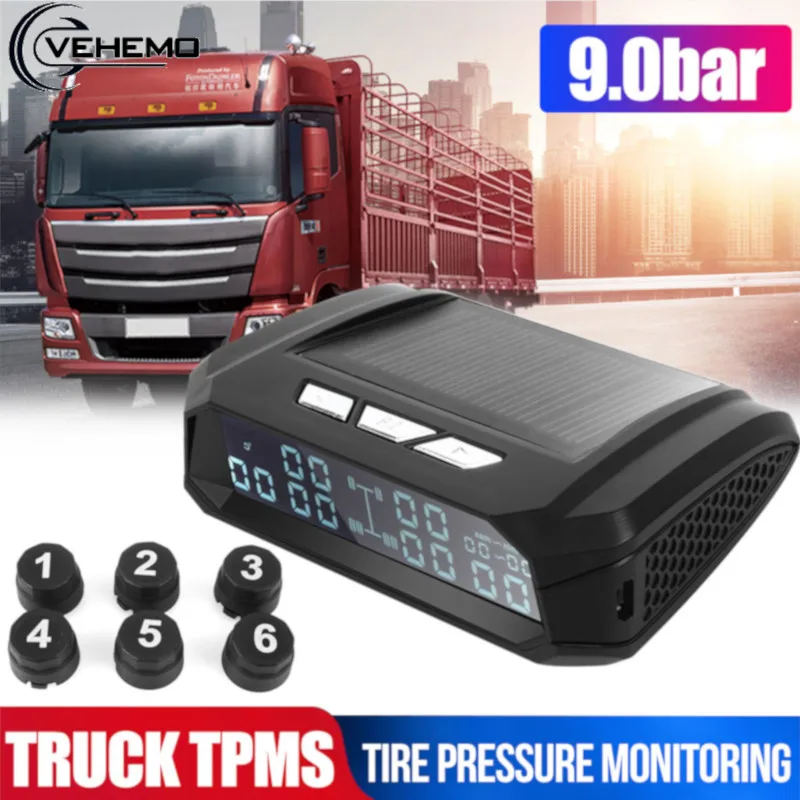 Vehemo Tire Pressure Monitoring System USB Truck TPMS LCD 2.0 3.6V 9.0bar 6PCS External Sensor High Temperature Alarm Windshield|Датчик
