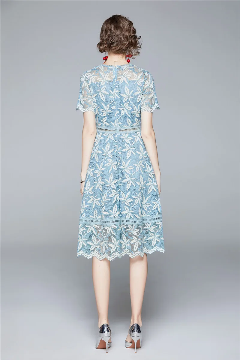 

Elegant Designer Women Dress Woman Summer Sexy Lace Dress Female Office Party Robe High Quality Blue Casual Dresses Vestidos