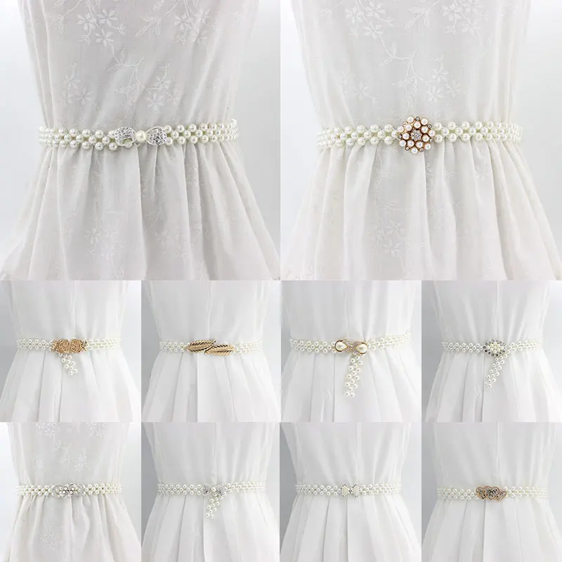 Rhinestone Pearls Waist Belts for Women Dress Decoration Waistbands Elastic Buckle Faux Pearl Beaded Girdle for Female Girls