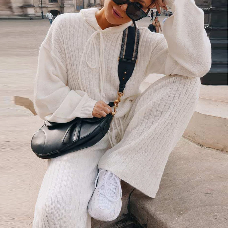 

Костюм женский из 2 предметов, с длинным рукавом и широкими штанинами, с капюшоном и высокой талией, весна-осень, костюм, повседневная одежда