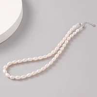 real freshwater pearl necklace for women gift beads handmade 6mm white rice pearl necklace fashion jewelry 39mm length