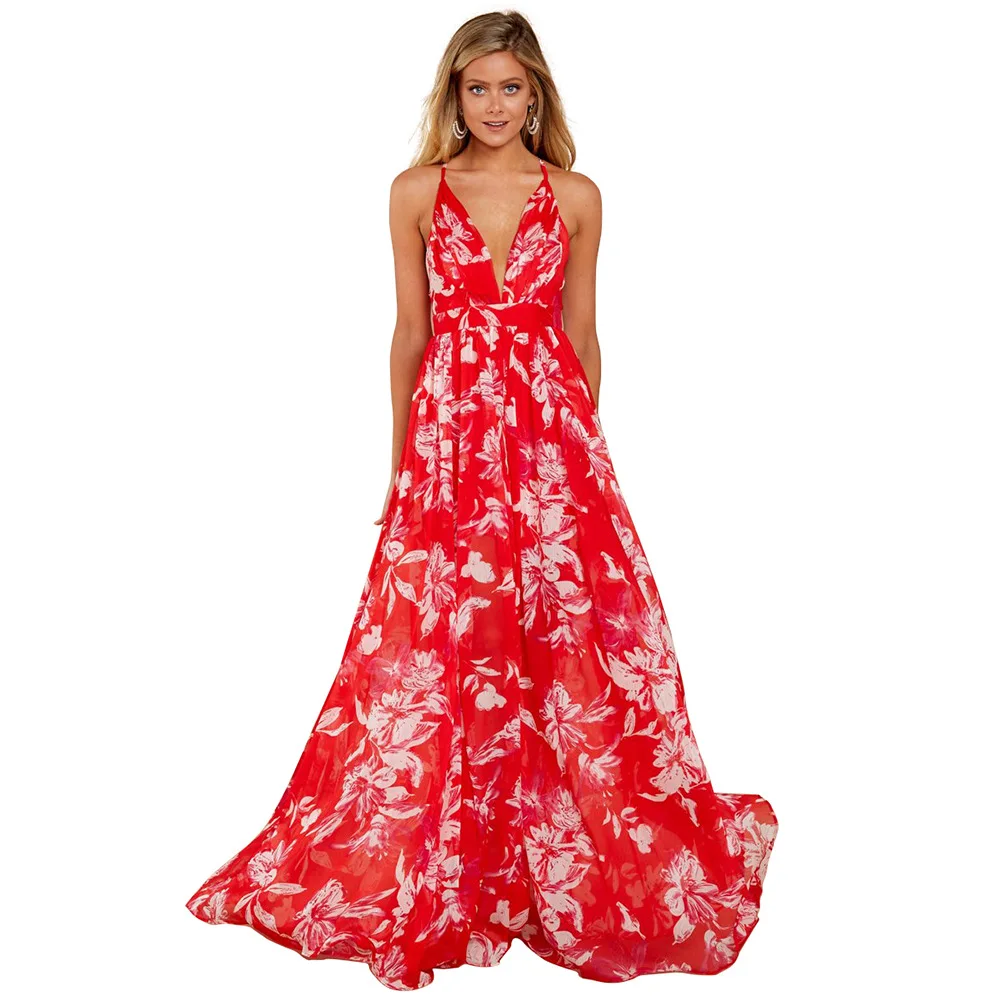 

YM-8212 European and American deep V-neck halter chiffon dress
