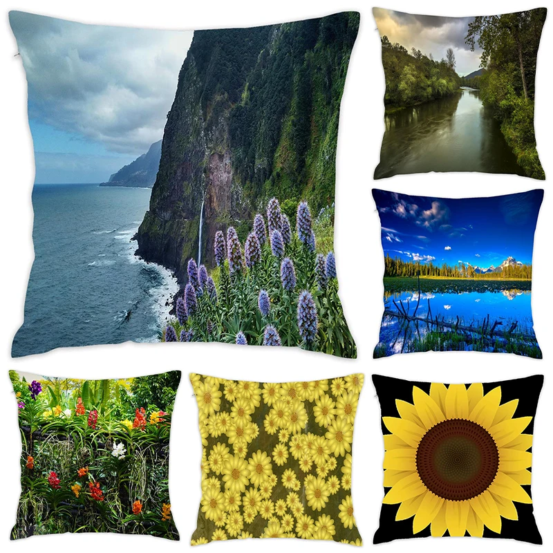 

[Douladou] Forest Blue Lake Trunk Pillow Case Polyester Cushion Cover Decorative Plaid Pillow Cover Throw Almohada 45x45CM