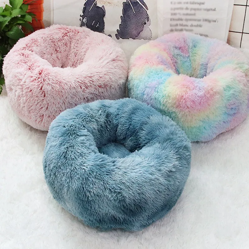 

Round Plush Cat Bed House Cat Mat Winter Warm Sleeping Cats Nest Pet Cushion Portable Pets Supplies Soft Long Plush Dog Basket