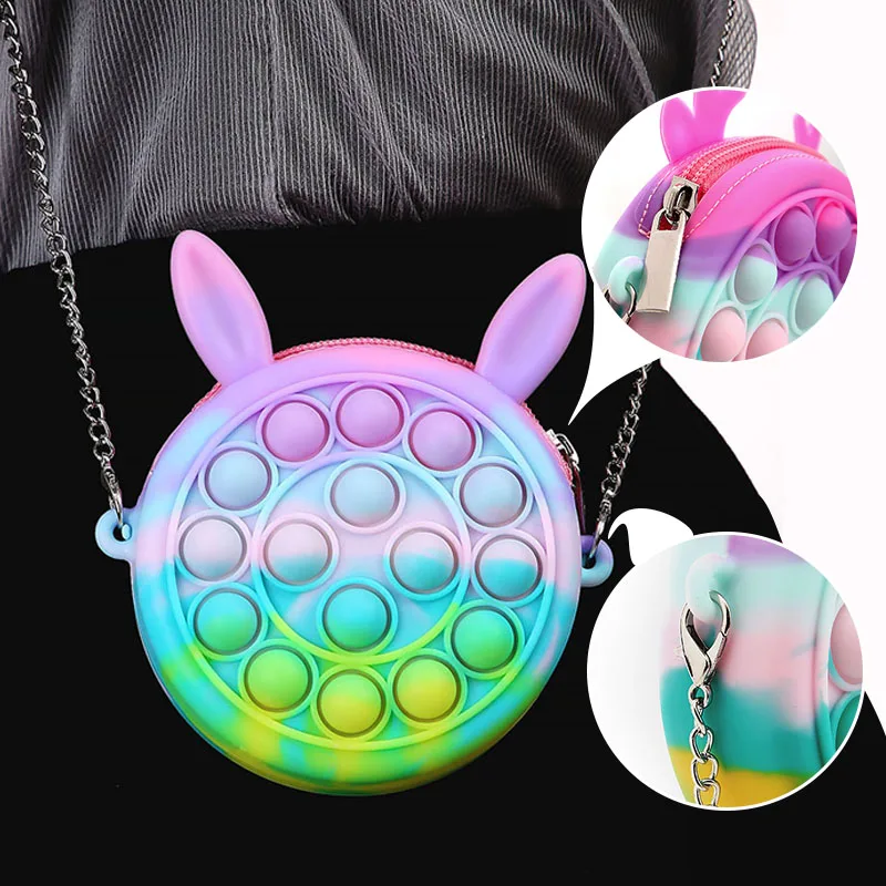 

2021 Pop Shoulder Bag Fidget Toys Rainbow Silicone Pop Fidget Bag Push Popper Purse Kids Crossbody Bag for School