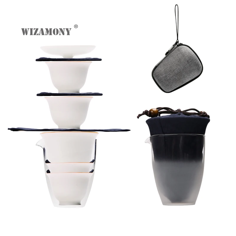 

WIZAMONY Travel Bag Chinese Kung Fu Tea set gaiwan teapot teacups fair mug tea sets white ceramic fot gift puer Drinkware