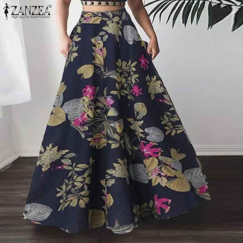 

Summer Bohemian Floral Printed Long Skirts ZANZEA Women High Waist Skirts A-line Skirt Jupe Loose Beach Skirts Faldas Saia