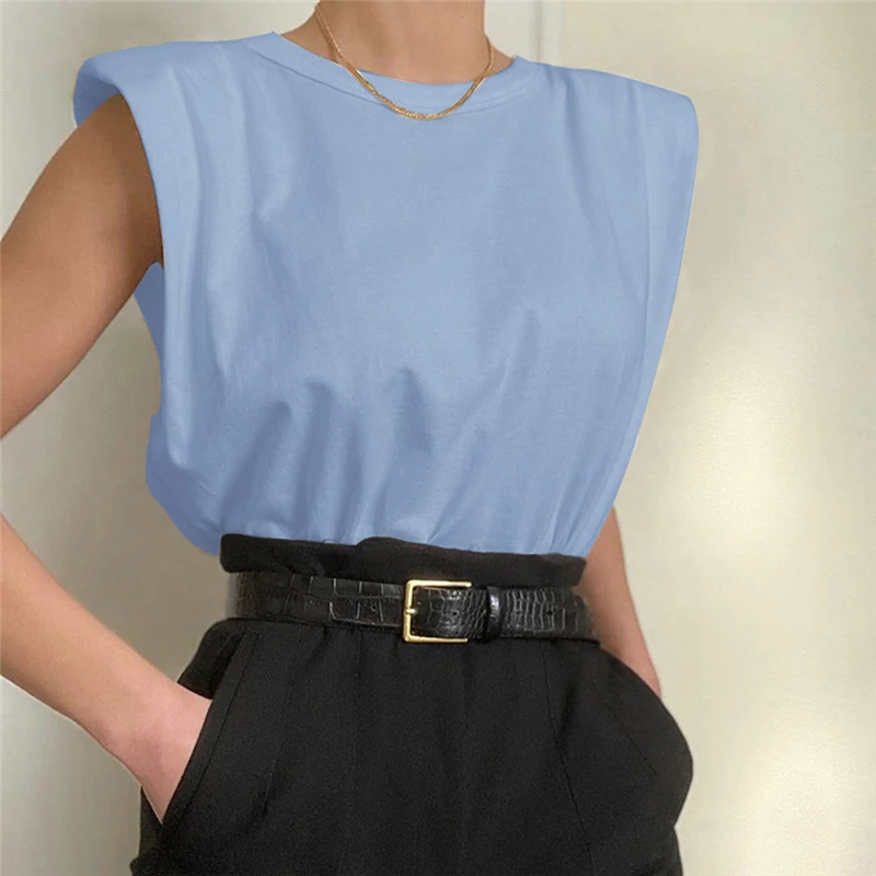 

Hot New New Style Women Padded Shoulder T-shirts Sleeveless Solid Color Round Neck Ladies Top Casual Style Pullover