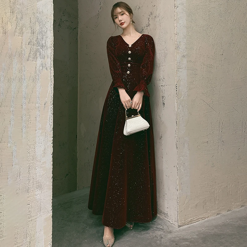 

New Elegant V-Neck Evening Dress Full Sleeves A-Line Floor-Length Sequins Button Burgundy Velour Woman Formal Party Gown A532