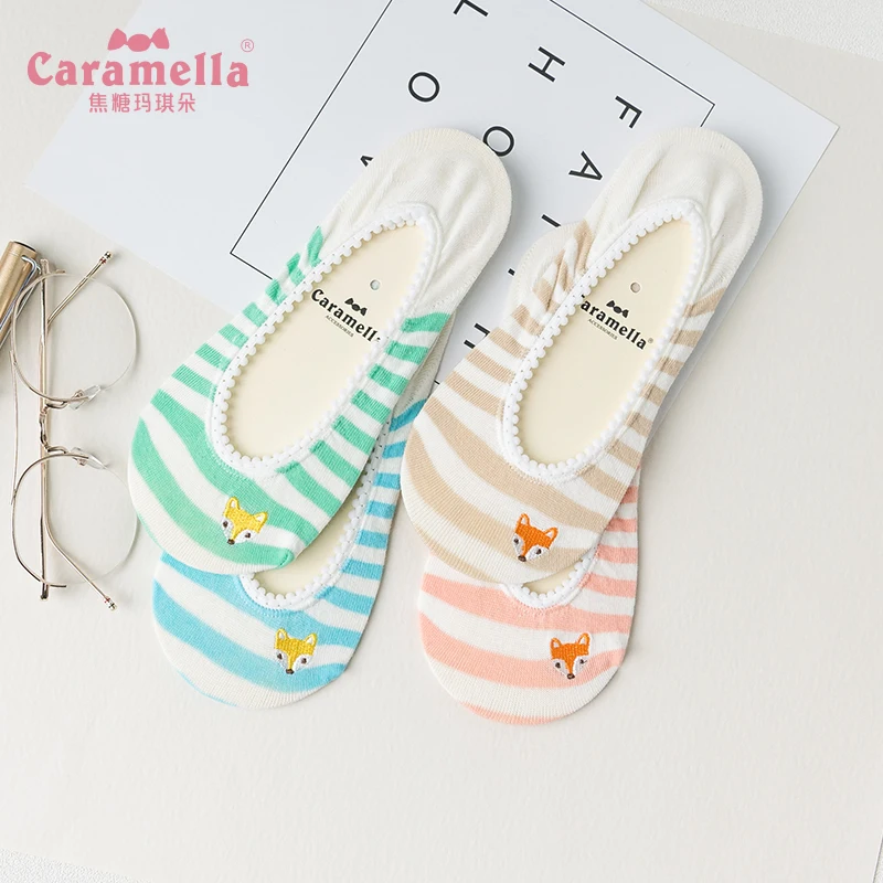 Женские короткие носки Caramella хлопковые невидимые в полоску с вышивкой лисы 4