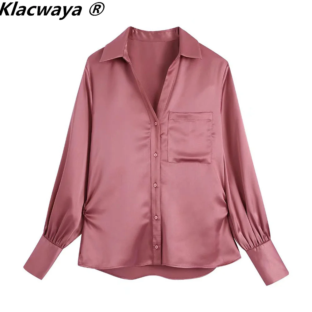 

Klacwaya Pink Satin Shirt Fashion Woman Blouses 2022 Spring Vintage Button Up Shirt Long Sleeve Top Blouses Women Casual Blouse