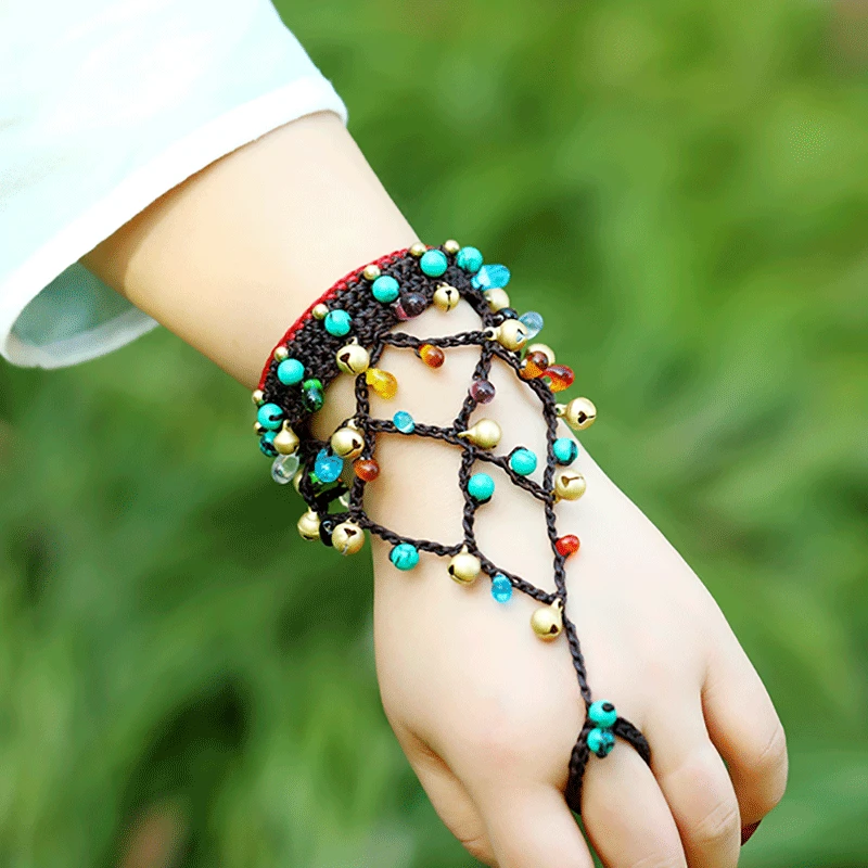 

European and American Bohemian Style Cross-Border Thai National Style Turquoise Colored Glaze Wax Rope Hand-Woven FingerDesigner