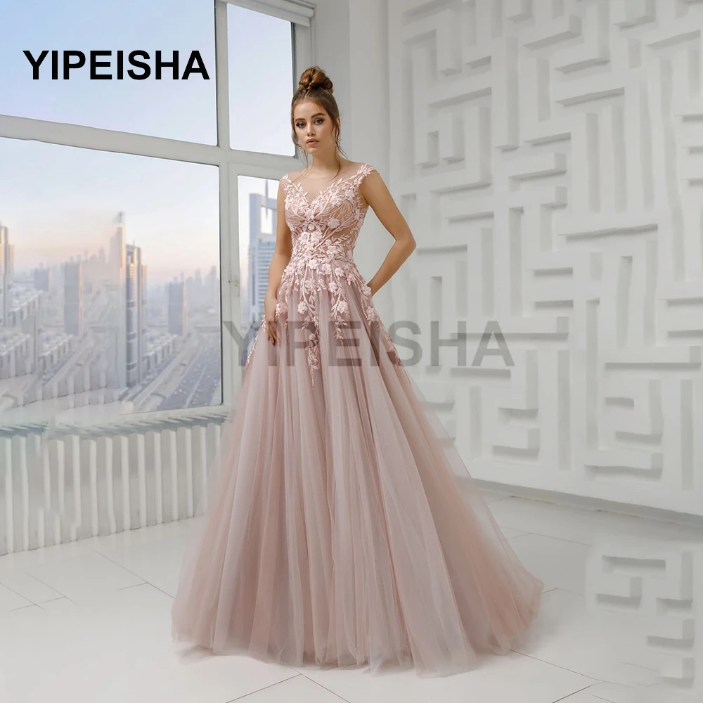 

2021 New O Neck A-Line Tulle Evening Dresses Lace Appliques Sleeveless Prom Party Gown robe de soirée vestidos de fiesta