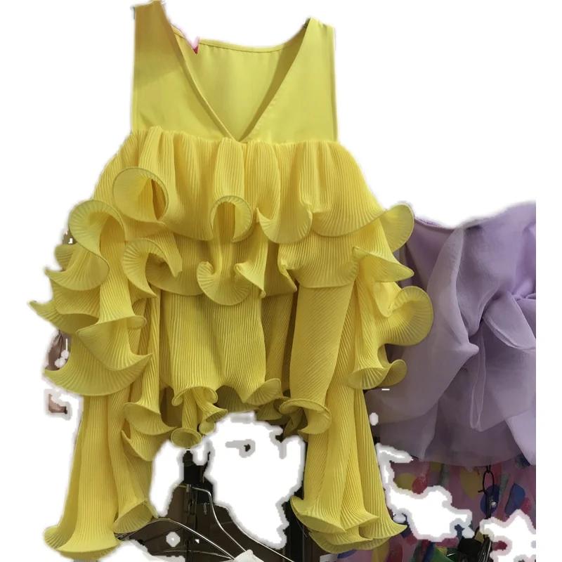 

Sleeveless Blouses Femme 2021 Summer Korean Style Sweet Off Shoulder Pleated Cake Chiffon Shirt Women Holiday Tops Blusas