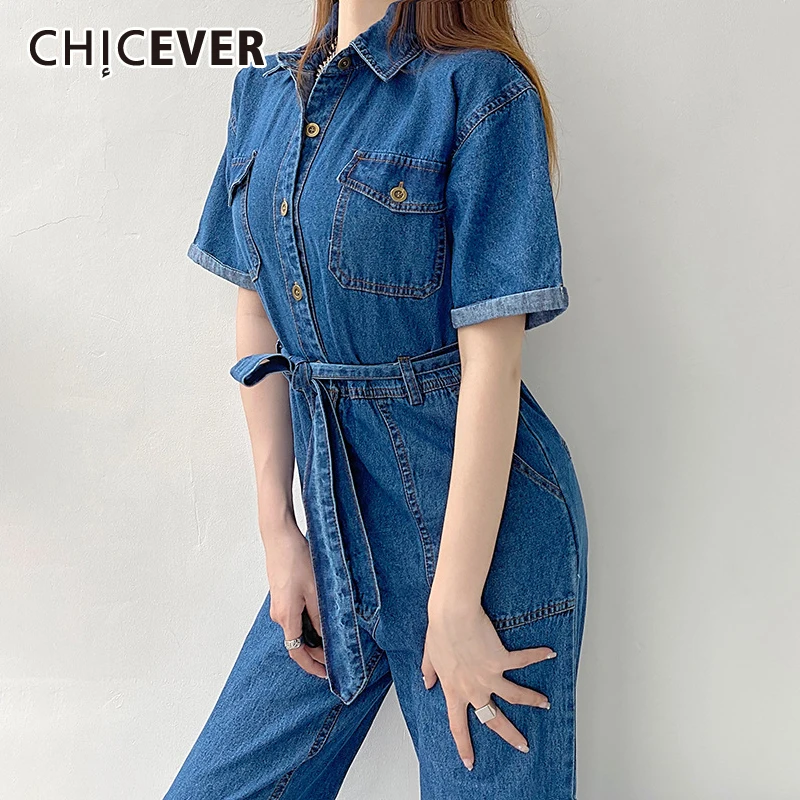 

CHICEVER Denim Casual Women's Jumpsuits Lapel Short Sleeve High Waist Full Length Korean Loose Fashion Jumpsuit Female 2021 New