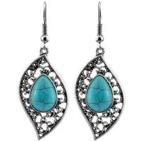 willow leaf shape silver plated green turquoises stone drop earrings decorative pattern jewelry
