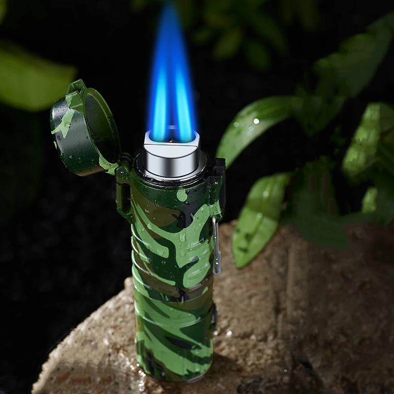 

Outdoor Waterproof Double Torch Lighter Powerful Jet Turbo Windproof Lighter Butane Gas Cigar Camping Survival Tool LED Inflated