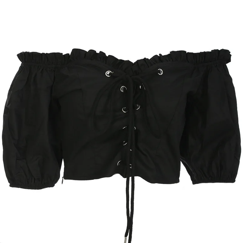 

JIEZuoFang Shoulder Elastic Waist Cropped Tops 2020 New Female Sexy Streetwear Bandage Slash Neck Lace Up T-Shirts Women