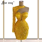 Элегантные желтые короткие платья для выпускного вечера блестящее коктейльное платье на одно плечо длиной до колена 2021 платье-Русалка Мини для вечеринки выпускного вечера
