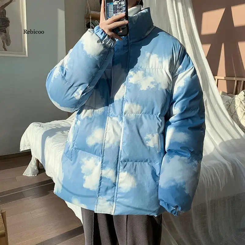 

White Cloudy Men Winter Padded Coat Oversize Thicken Parkas Harajuku Korean Style Male Warm Jackets Stand Collar Clothing