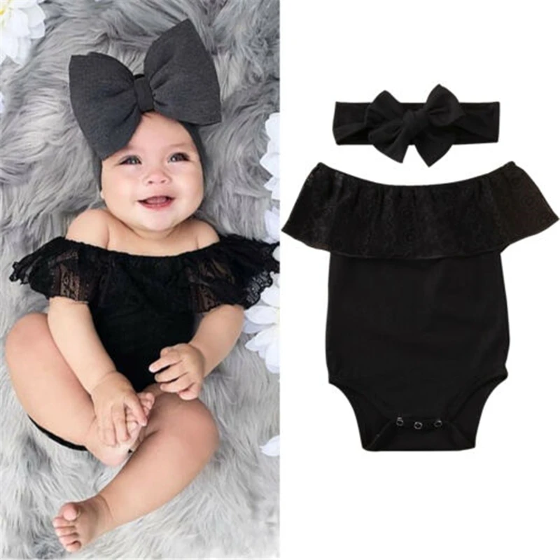 

Newest 2PCS Newborn Baby Girl Clothes Off Shoulder Romper Bodysuit Headband Outfit Set Sweet Black